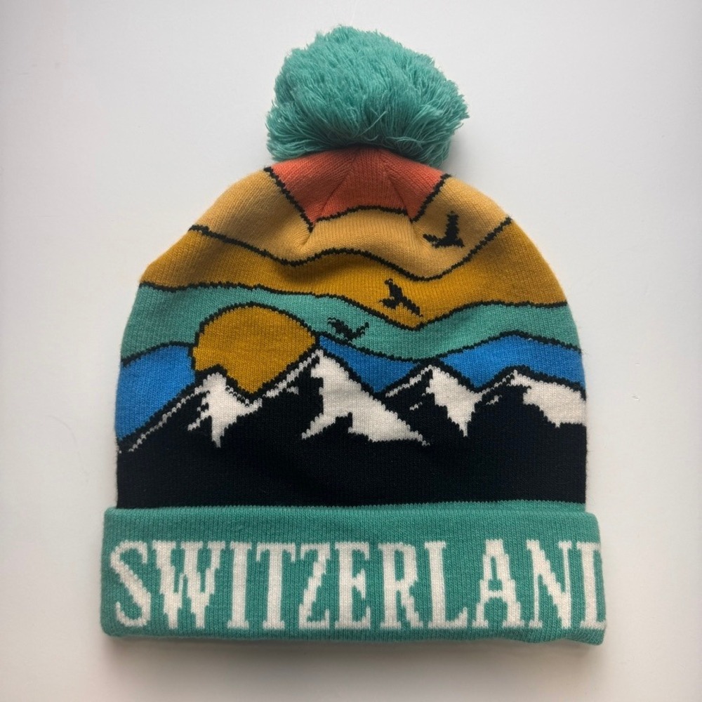 MBG Swiss Gifts Switzerland Mountain Landscape Knit Pom Beanie Hat Teal Multi